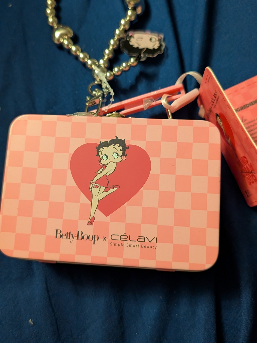 New Small Betty Boop Pink Checker Cosmetic Case with Heart Graphic